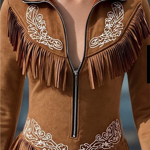 Western Style Embroidered Tassel Long Sleeve Brown Mini Dress - Medium NWT - Picture 3 of 6